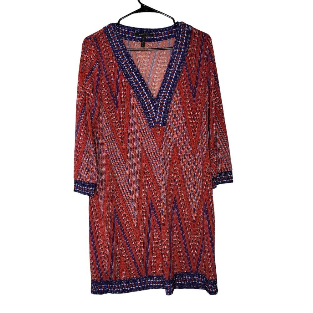 BCBGMaxazria Red Blue Geometric Striped Chevron V-Neck Tunic Dress Size Small